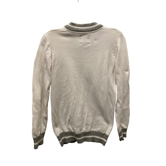 Preppy Mens White Cable Knit V-Neck Varsity Sweater L Athletic Dept Crest Grey - Picture 3 of 7